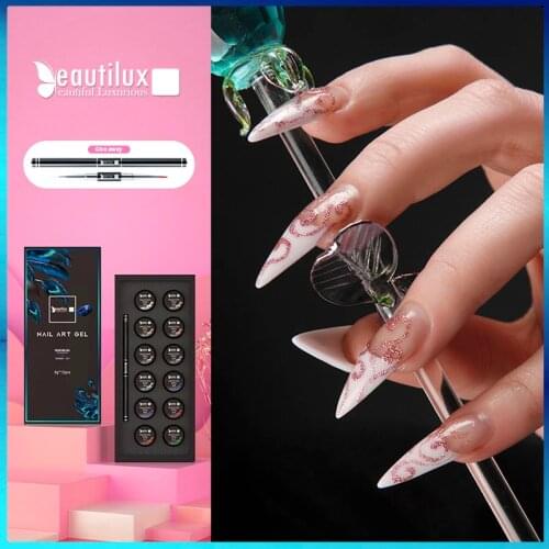 Beautilux Platinum Painting Gel 12 Colors With Nail Brush UV LED Nails Art Design Kit Glitter Drawing Lining Salon Manicure Set