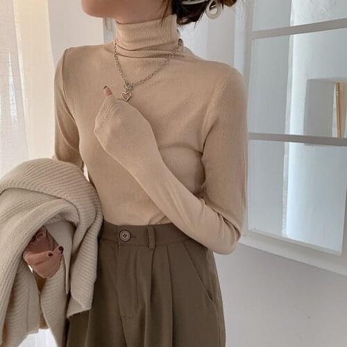 Korean Heaps Collar Temperament Solid Slim Bottoming Shirt Screw Thread Knitted Pullovers Femme Fall Chic Long Sleeve Sweaters