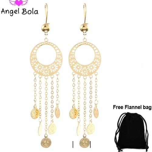 Fashion gold hollow coin womens charm long tassel pendant earrings Muslim luxury jewelry suitable for wedding party festivals