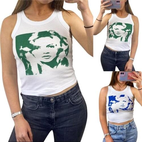 New Summer Women Fashion Human Face Print Camisole Round Collar Sleeveless Tank Tops Harajuku Slim Base Shirt Streetwear