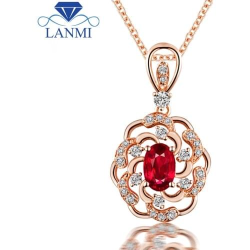 New Design 14K Rose Gold Red Ruby Pendant Necklace Natural Diamond for Women Party Fine Jewelry Wholesale