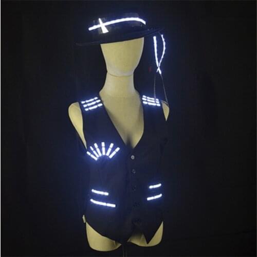 P91 Ballroom dance led light costume robot men suit jazz luminous led vest stage performance lighted hat glowing clothe dj wears
