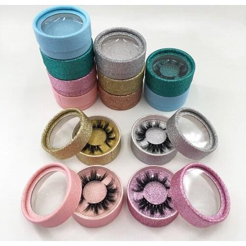 Empty Round Lash Case Pink Glitter Eyelash Package for Regular Mink Lashes with Clear Circle Tray