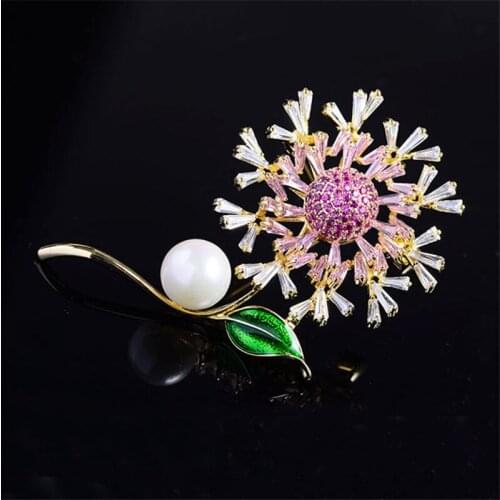Luxury Pink Yellow Crystal Sunflower Brooch Cubic Zirconia Women Pearl Brooches Wedding Jewelry Bling Decor Dress Coat Broche