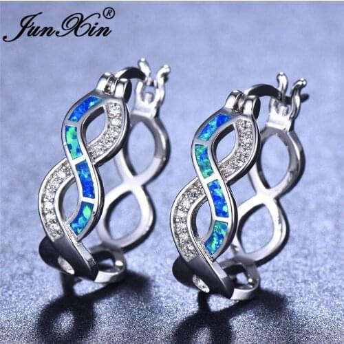 JUNXIN Luxury Female Infinity Hoop Earrings Blue White Fire Opal Earrings For Women Silver Color Wave Earrings CZ