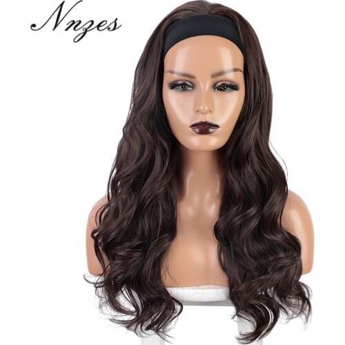 NNZES 24inches Headband Wig Long Body Wave Dark Brown Synthetic Wigs for Women Black Red Blonde Color Natural Looking Wigs