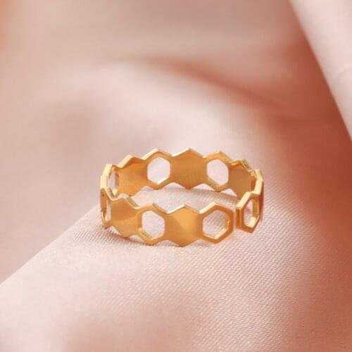 Skyrim Honeycomb Rings for Women Girl Stainless Steel Gold Color Cutout Hexagon Geometric Open Rings Jewelry Gift 2021 New Trend