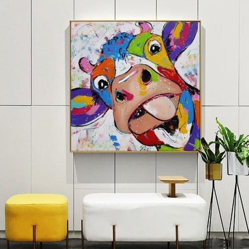 Modern Abstract Cute Funny Colorful Cow Head Painting On Canvas Wall Art Print Posters Animal Pictures for Kids Room Home Decor