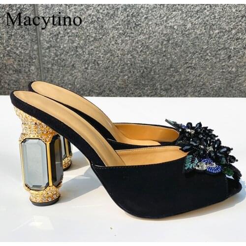 Sequins rhinestones, gemstones womens high-heeled slippers flower round toe glass and fashionable party slippers
