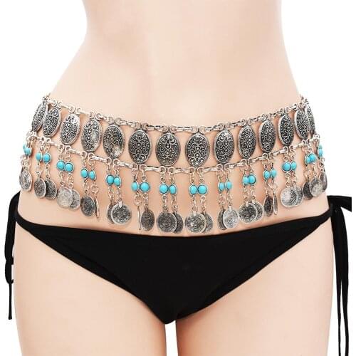 Turkish Belly Dance Chains Belts for Women Boho Black Blue Beaded Coin Tassel Waist Chain Body Jewelry Indian Egypt Tribal Beach