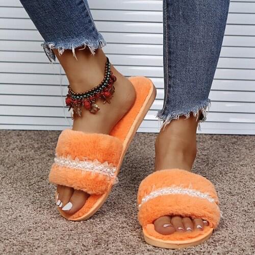 Indoor Women Fur Slippers Fluffy Soft Furry soft sol Flats Heel NonShoesLadies LuxuryFootwear обувь для женщин летняяwomenshoes