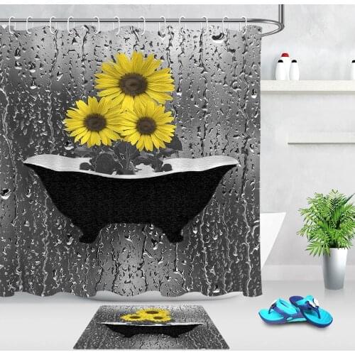 Water Marks Sunflower Fabric Shower Curtains Waterproof Polyester Bathtub Screen Bath Curtain Durable Bathroom Curtain with Mat