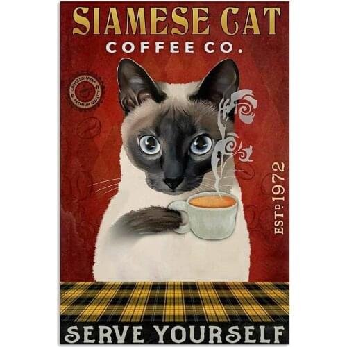 Retro Tin Sign-Siamese Cat Coffeeco, Cafe Art Wall Metal Decoration 12Inch X 16 Inch