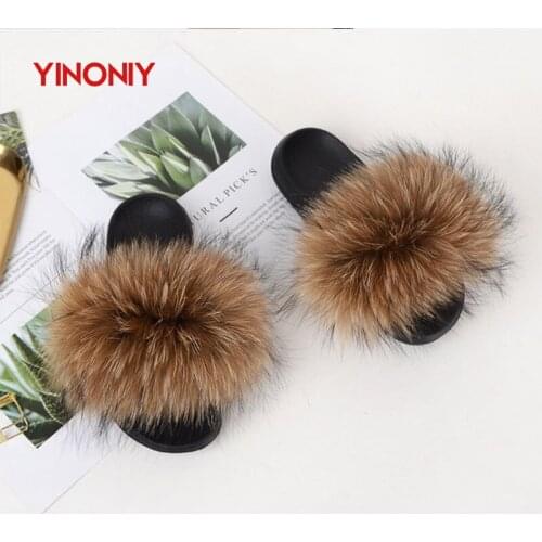 YINONIY Fur Slippers Women Real Natural Fox Fur Sandals Female Fashion Fluffy Fur Slides Women’s Furry Slippers Brand New 2020