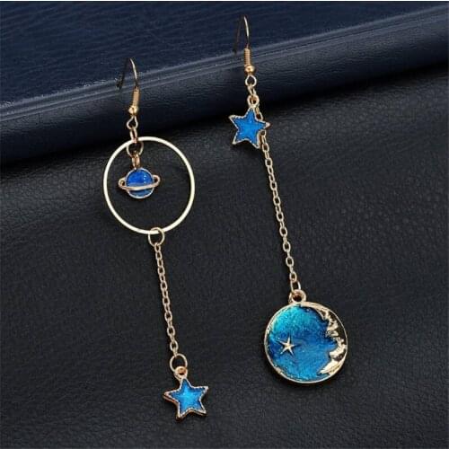 2021 Newest Creative Universe Asymmetric Enamel Earrings For Girl Ear Accessories Cute Moon Star Drop Pendientes Tassel Brincos
