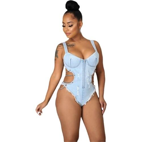 RStylish 2021 Summer Beach Party Sexy Sleeveless Washed Make Old Hollow Out Chain Lace Up Women Denim One Piece Swimwear