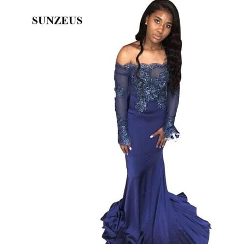 Vestido Para Formatura Off Shoulder Long Sleeves Mermaid Prom Dress With Appliques Long Navy Blue Party Gowns Jersey