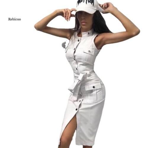 Women Dress Front Pockets Sashes Sheath Work-Wear Dress Turn Dowc Collar Sleevless Solid Elgeant Casual Dress Summer Dress New
