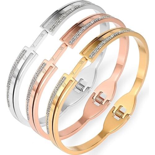 2021 New Luxury Brand Crystals Metal Chain Bangles & Bracelets Women Jewely Stainless Steel Roman numeral Bangles