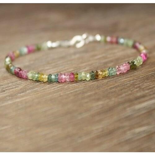Watermelon Tourmaline Bracelet Ombre Shaded Pink Green Bracelet Layering Bracelet Black Beaded Bracelets Womens Jewelry