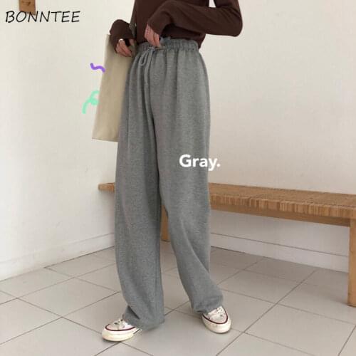 Wide Leg Pants Women Gray Basic Chic Workout Soft Fashion Korean Teens High Waisted Trousers All-match Simple Ladies Pantalones