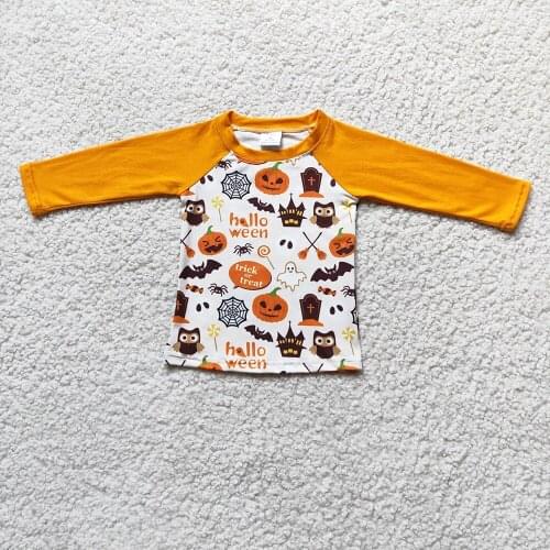 High Quality Kids Clothes In Stock Orange Color Long Sleeve Boy Pumpkin Raglan Shirt Hallowen Ghost Top