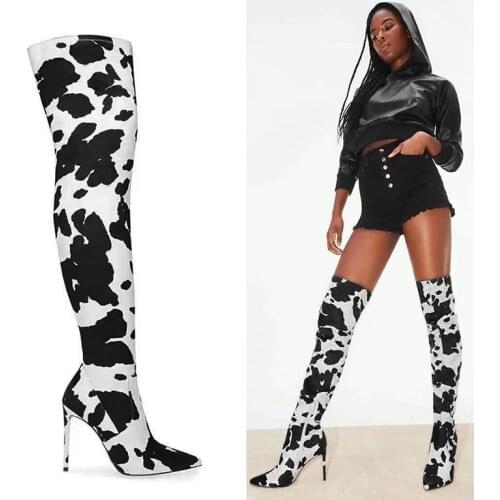 Cow Leopard Long Boots Women High Heel Boot Pointed Toe Sexy club Shoes Thigh High Over-the-Knee Boots