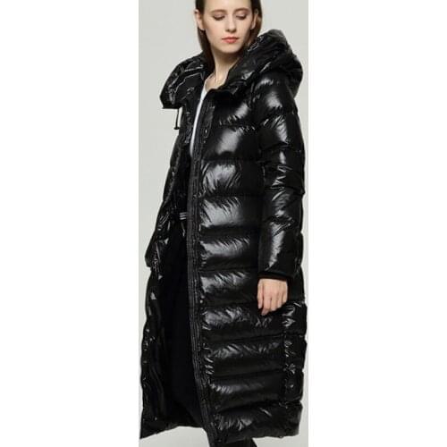 Long down jacket Black glossy Thickened loose women Warm coat