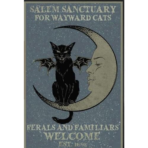 For Wayward Cats Ferals Black Cat Devil Moon Poster Signs Vintage Road Signs High Way Metal Tin Sign for Wall Decor