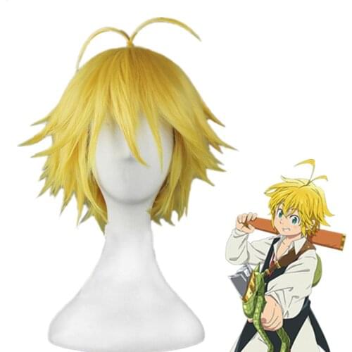 Dragons Sin of Wrath Meliodas Short Golden Role Play Wig the Seven Deadly Sins Heat Resistant Hair Cosplay Wigs + Hairnet