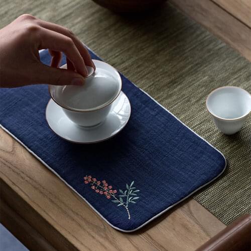 Cotton Linen Tea Towel Embroidery Absorbent Dry Bubble Thicken Raising Pot Towel Tea Mat Tablecloth Zen Tea Ceremony Accessories
