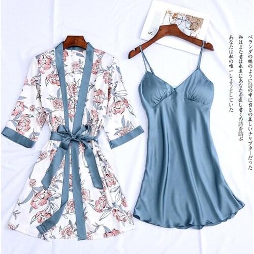 2PCS Lady Satin Sexy Robe Set Floral Painted Spaghetti Strap Kimono Gown Lace Loose Nightwear Summer V-neck Sleepwear With Belt