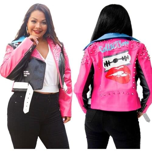 Autumn hot sale womens sexy leather rivet jacket stitching lips printing color matching zipper PU fashion jacket wholesale
