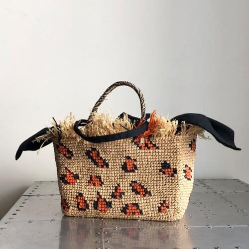 Ladies Leopard Round Straw Beach Bag Handmade crochet Woven Shoulder Bag Raffia Circle Rattan basket Summer Vacation Casual bag