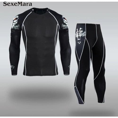 Mens Sport Running Set Compression T-Shirt + Pants Skin-Tight Long Sleeves Fitness Rashguard MMA Training Clothes Gym Yoga Suits