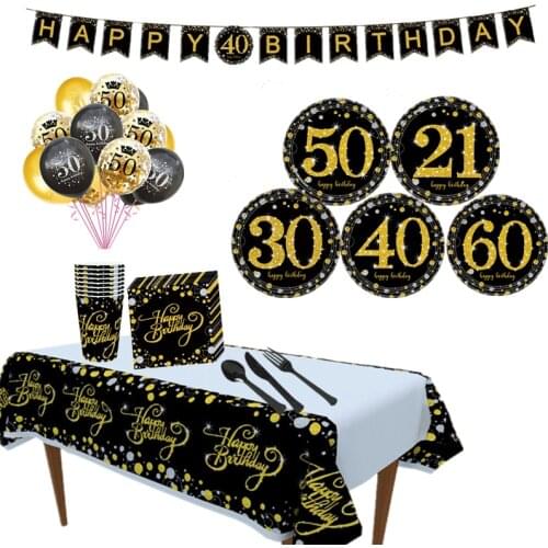 18/21/30/40/50/60th Happy Birhtday Party Tableware Sets Latex Air Confetti Balloon Plates Cups Napkin Tablecloth Supplies Decor