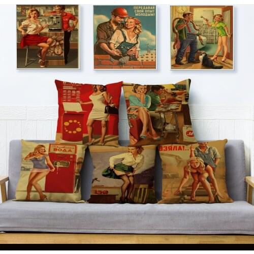 New World War II Sexy Girl Women Print Cushion Cover Vintage 45*45cm Pillowcase Beige Polyester Pillows Cases Sofa Home Decor