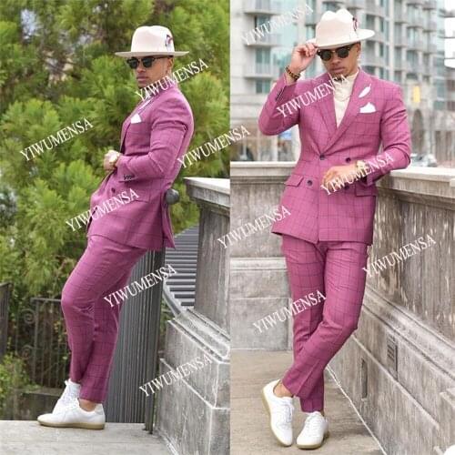 YIWUMENSA Groom Wear Slif Fit Wedding Suits Pink Plaid Double Breasted Tuxedos Peaked Lapel Blazer Business Jacket+Pant 2021