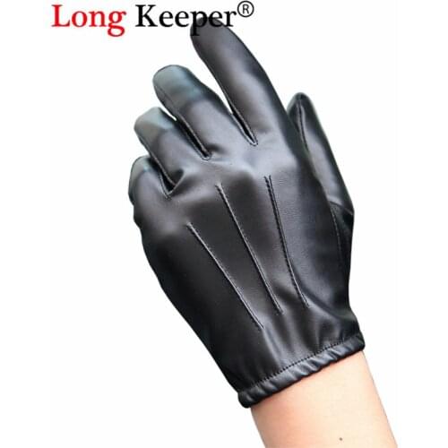 Long Keeper Fashion Black PU Leather Gloves Male Thin Style Driving Leather Men Gloves Non-Slip Full Fingers Palm Touchscreen