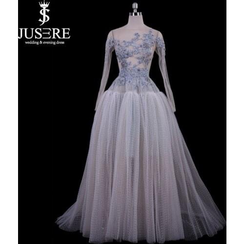 Jusere Sexy See Through Prom Dress With Beaded Tulle Long Sleeves Appliques Floor Length Evening Gowns robe de soiree