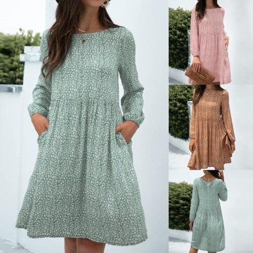Leopard Print Dress For Women Autumn Long-Sleeve O Neck Loose Elegant Chic Casual Midi Boho Sundress