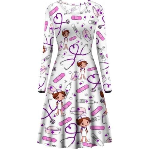 2021 Sexy O Neck Dresses Floral Print Cartoon Nurse Dress Female Doctor Nurse Inside Clothing Long Sleeve A Line Summer Dress