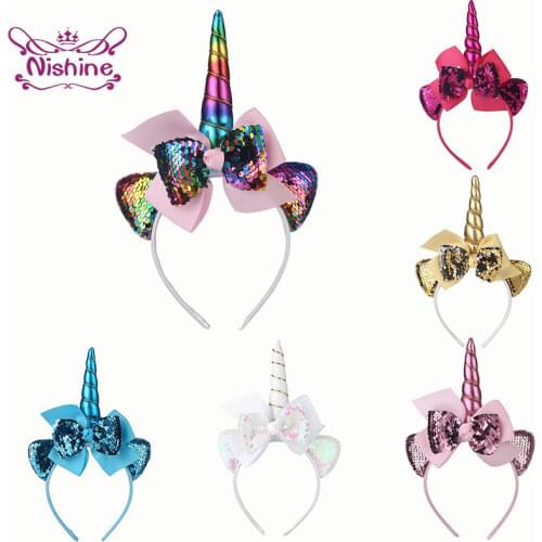 Nishine New Unicorn Horn Hairbands for Kids Girls Party Headwear Sequin Ribbon Bows Headbands Cute Children Photography Props