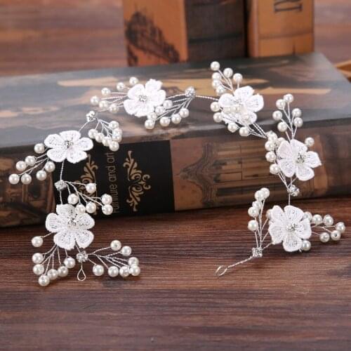 Bridal Lace Flower Headbands Bride Pearl Rhinestone Tiaras Jewelry Accessories For Women