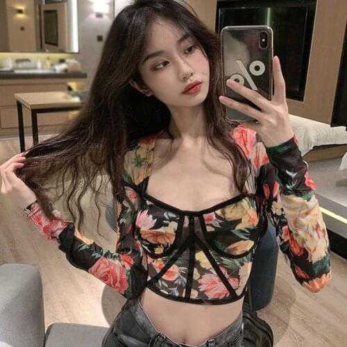 Retro Floral Mesh Tee Female Sense Of Self-cultivation Temperament Long-sleeved T-shirt