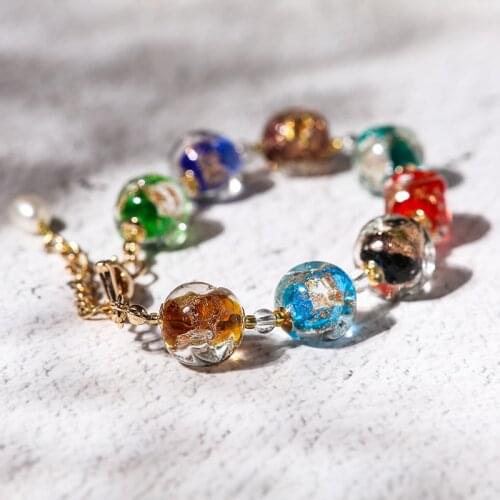 Vanssey Vintage Fashion Handmade Glass Beads Foil Freshwater Pearl Gold Tone Bracelet Accessories for Women