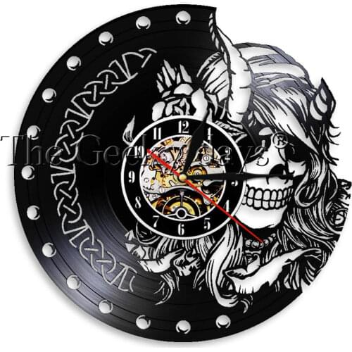 Mysterious Norse Viking Warrior Vinyl Album Re-purposed Record Clock for Living Room Bedroom Decor Horn Skull Girl Silent Clock