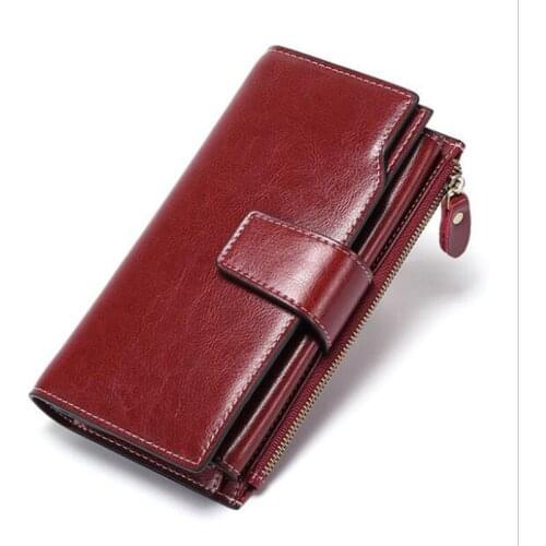 Top Quality Cow Leather RFID Wallet Women Hasp Zipper Walets Leather Female Purse Long Womens Wallet Ladies Clutch Brown WT054