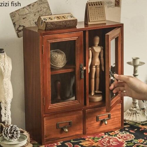 Solid Wood Storage Box Three Grid Drawer Type Display Cabinet Transparent Cabinet Door Home Decoration Storage Organize Box