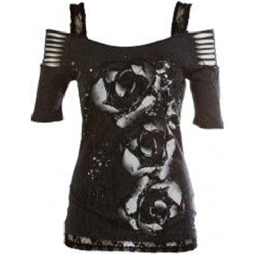Summer Fashion Goth Womens T-Shirt Shoulder Cut Punk Gothic Print Cotton Shirts Hollow Out Hole Short Sleeve Shirts Top Shirts